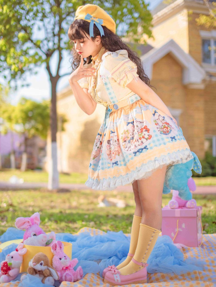 Picnic Day Yellow Plaid Kitty Print Ruffle Hem Overalls