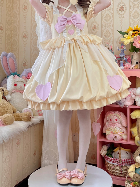 Yellow Square Neckline Heart Embroidery One Piece