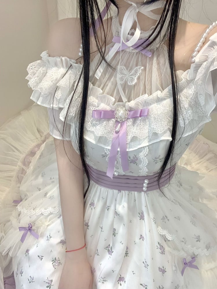 Illusion Neckline Elegant Floral Dress White and Purple High Waist Classic One Piece