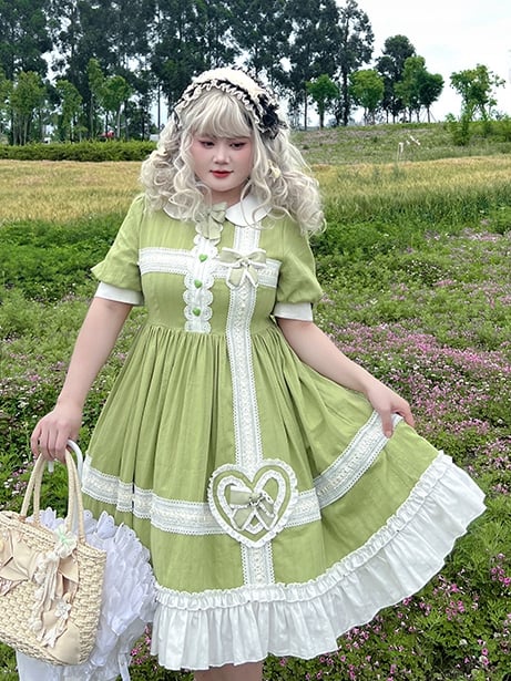 Plus Size Friendly Green Old School One Piece Puff Sleeves Dress