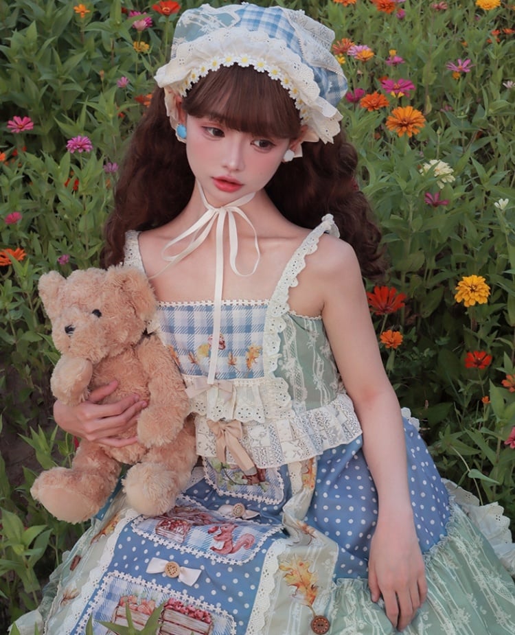 Squirrels Print Patchwork Jumper Skirt Cottagecore Country Dress/Lace Top