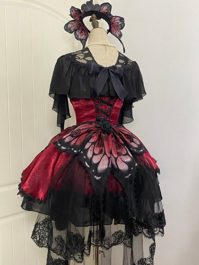 Wine Red Butterfly Jumper Skirt Gothic Princess Dress with Butterfly Train