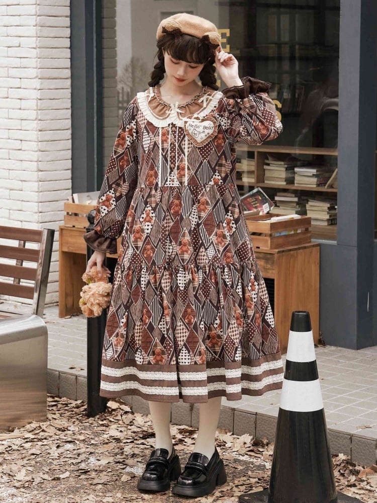 Teddy Diamond Pattern Print Brown Dress for Autumn and Winter