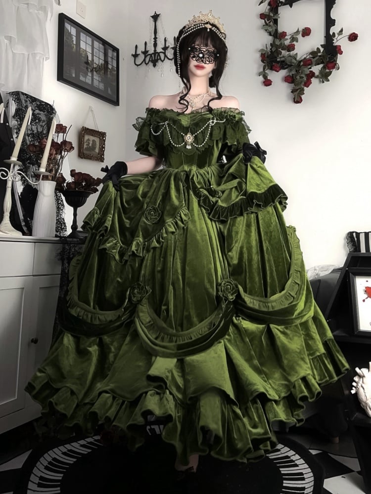 Vintage Green Classic Velvet Dress Roses and Bead Chain Princess One Piece - Sukuroi
