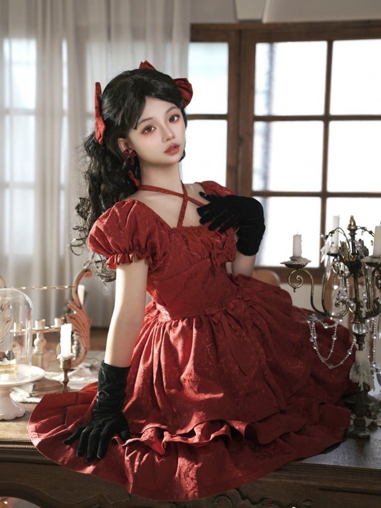 Red Basque Waist Party Dress Tiered Ruffle Hemline One Piece