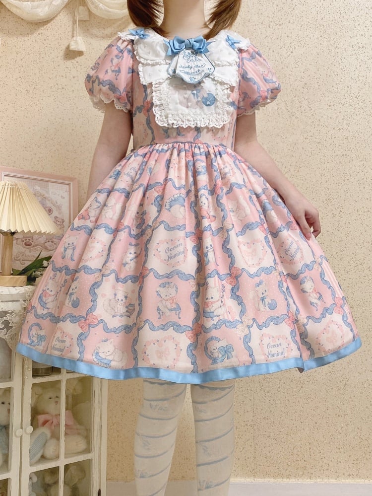 Pink and Blue Sweet Kitty Print High Waist One Piece - Sukuroi