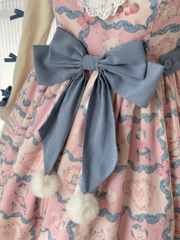 Kitty Embroidery Collar Sweet Pink and Blue Winter Jumper Skirt - Sukuroi