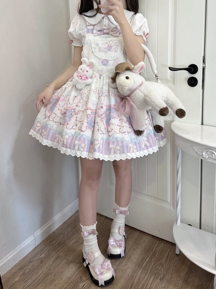 Sweet Lamb and Bowknot Print Pink and Purple Stripes Overalls