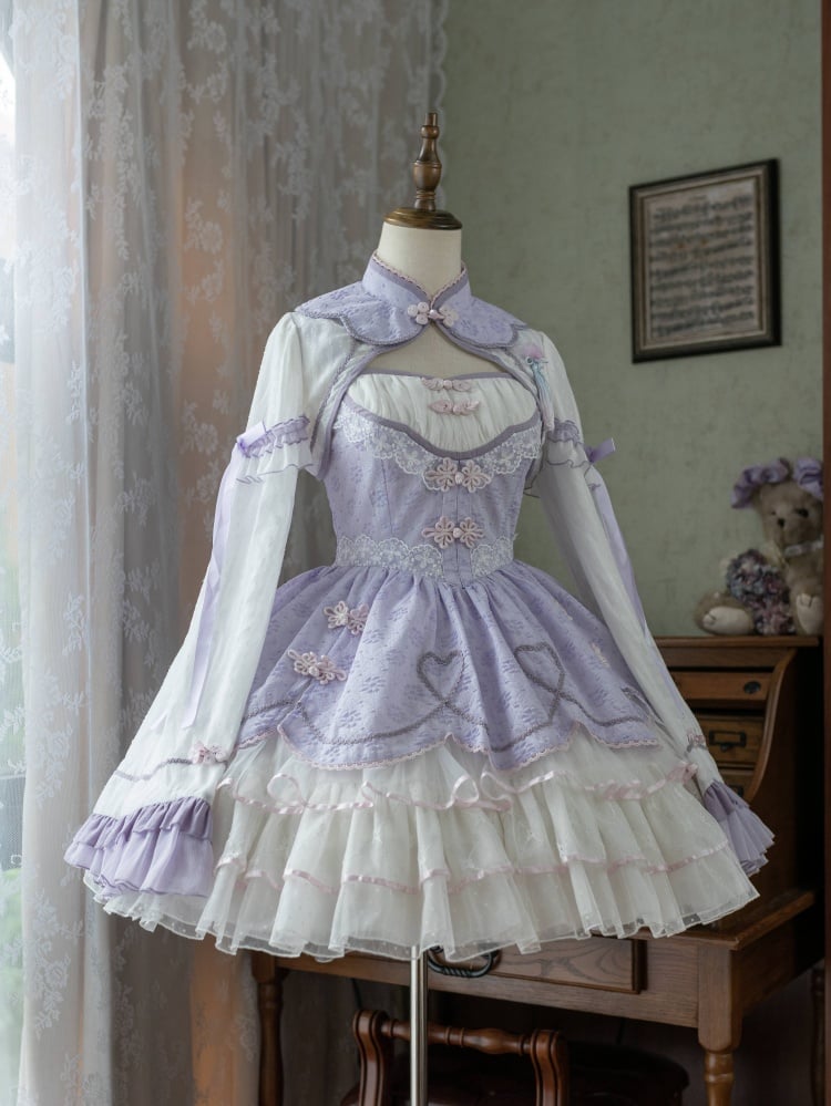 White and Purple Knot Button Jumper Skirt Full Set - Sukuroi