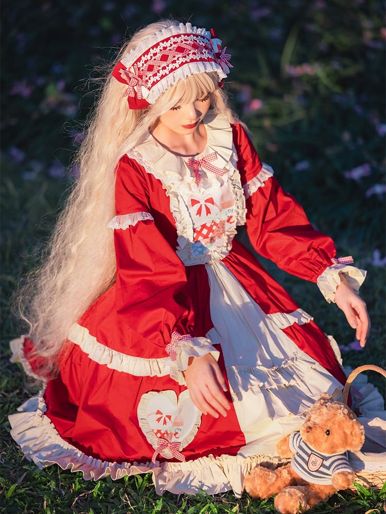 Red Picnic Basket Print Cottagecore Country One Piece - Sukuroi