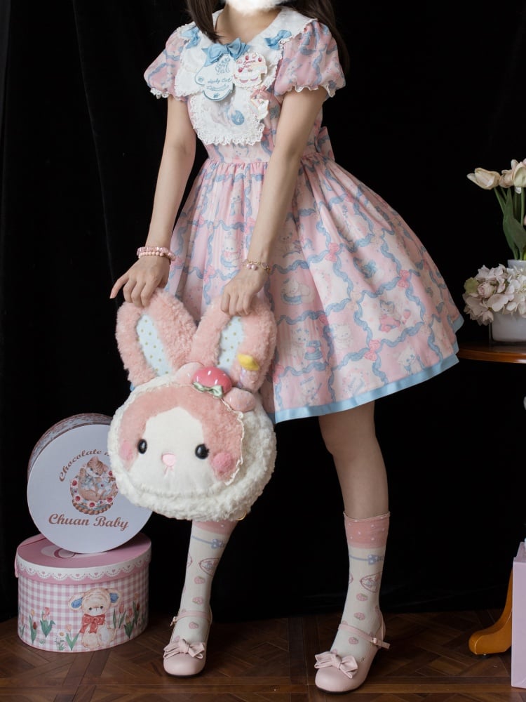 Pink and Blue Sweet Kitty Print High Waist One Piece - Sukuroi
