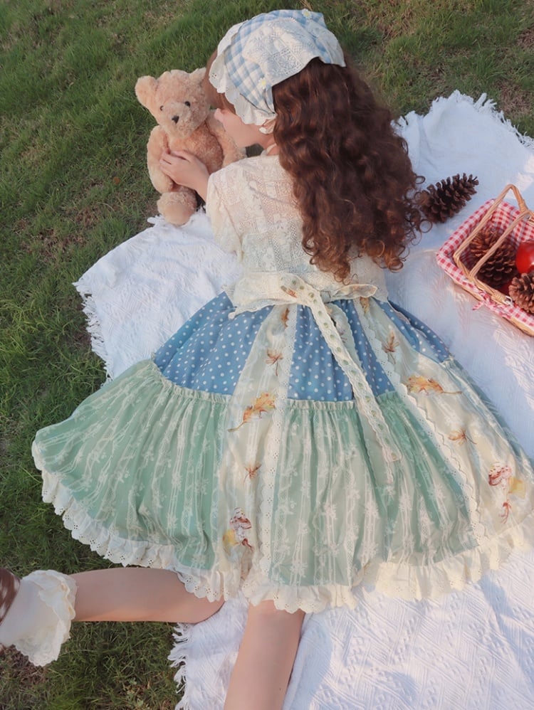 Squirrels Print Patchwork Jumper Skirt Cottagecore Country Dress/Lace Top