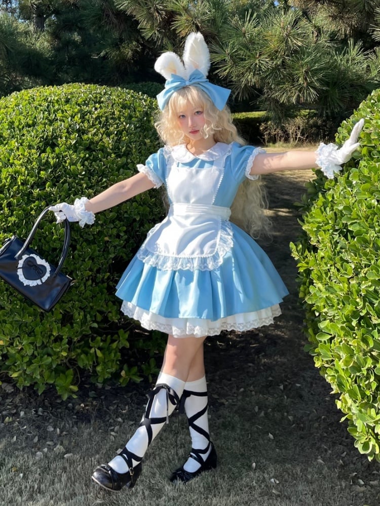 Plus Size Friendly Blue Short Version Maid One Piece + Apron Alice in Wonderland Vibes