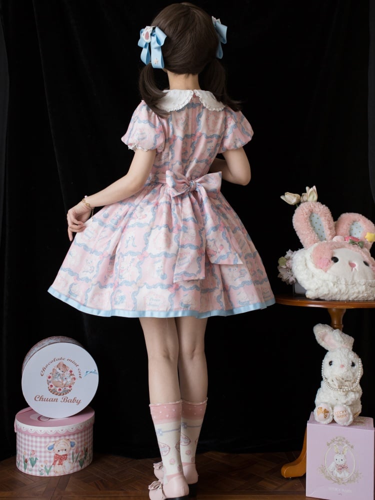 Pink and Blue Sweet Kitty Print High Waist One Piece - Sukuroi