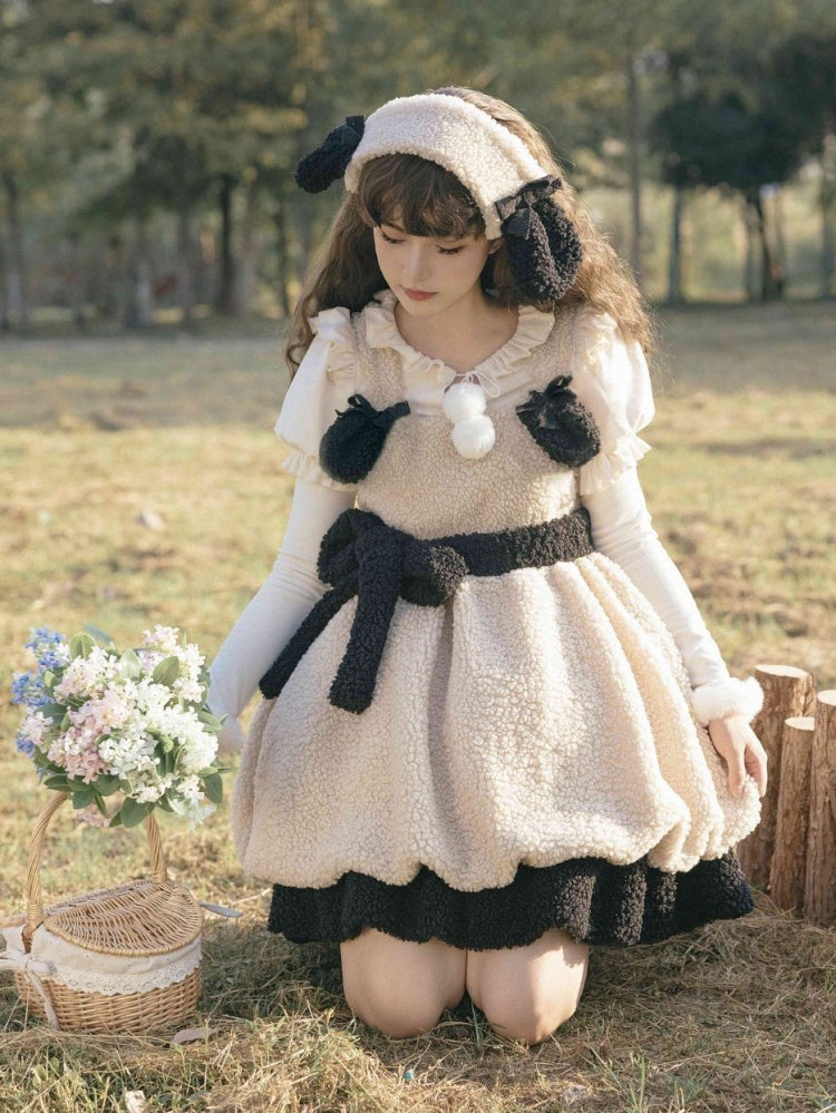 Winter Fleece Bubble Jumper Skirt Detachable Plush Lamb Ears