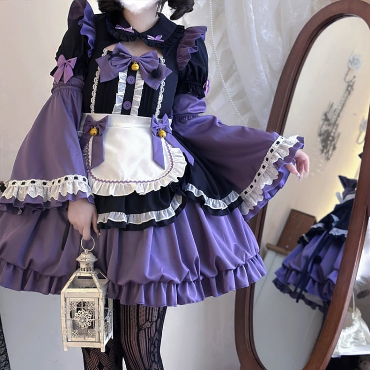 Purple and Black Peter Pan Collar Maid One Piece with Sleeves and Apron