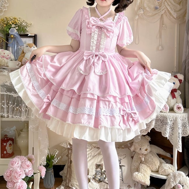 Pink Bowknot Details Ruffle Skirt One Piece