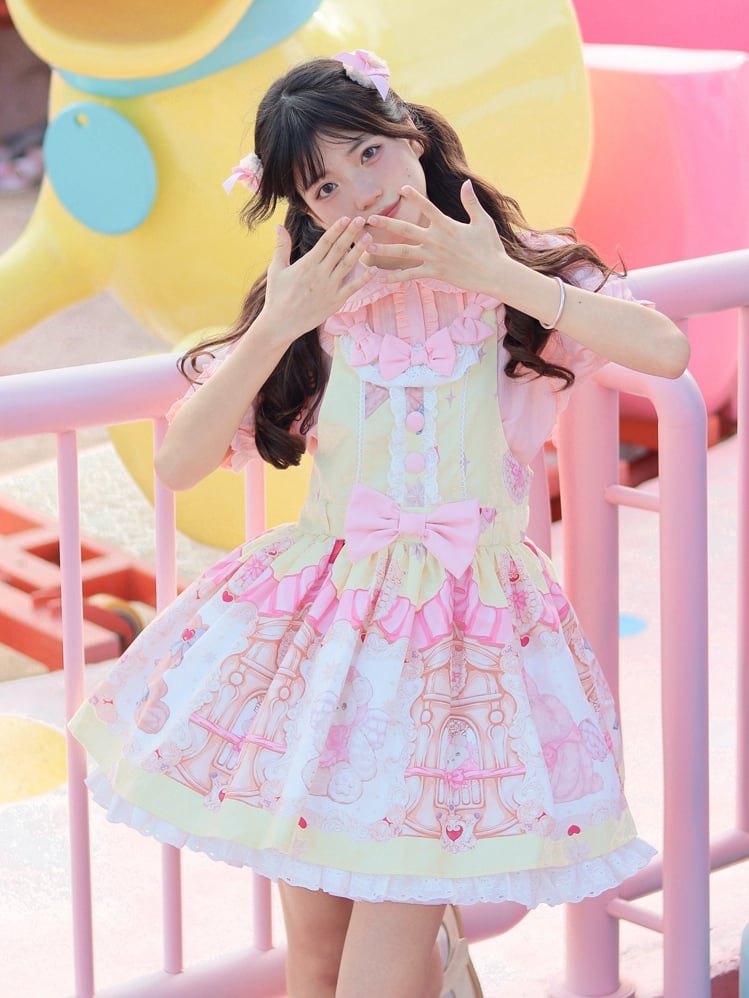Pink Peter Pan Collar Shirt / Yellow Teddy High Waist Overalls