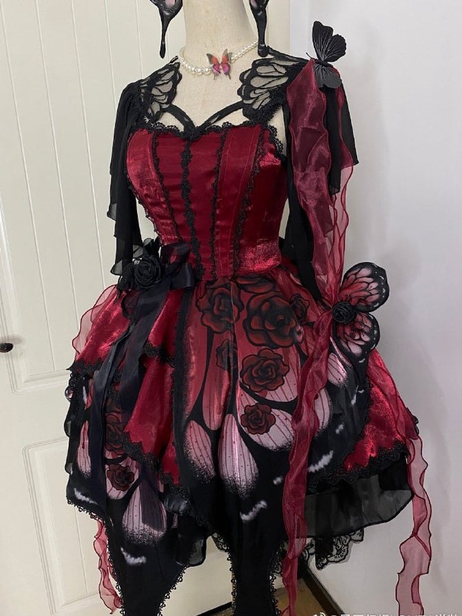 Wine Red Butterfly Jumper Skirt Gothic Princess Dress with Butterfly Train