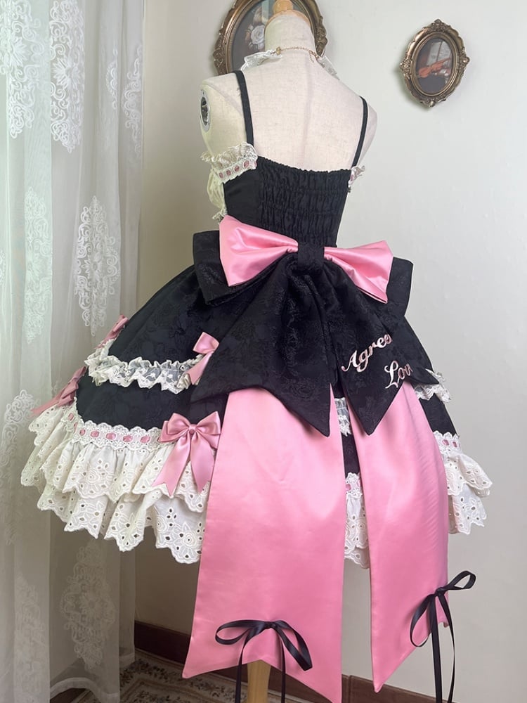 Plus Size Friendly Black Rosette Pattern Fabric Detachable Bowknots Jumper Skirt - Sukuroi