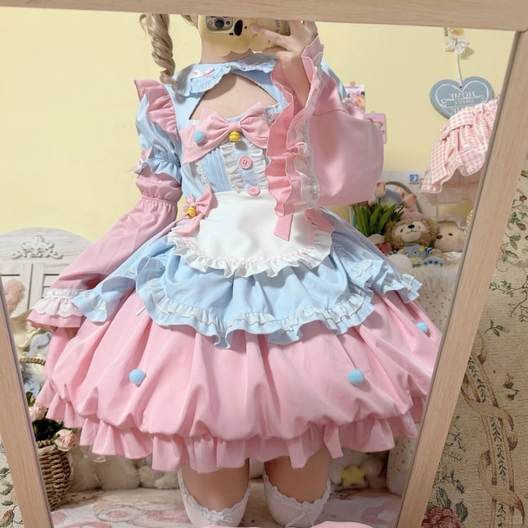 Pink and Blue Cutout Peter Pan Collar Sweet One Piece with Sleeves and Apron