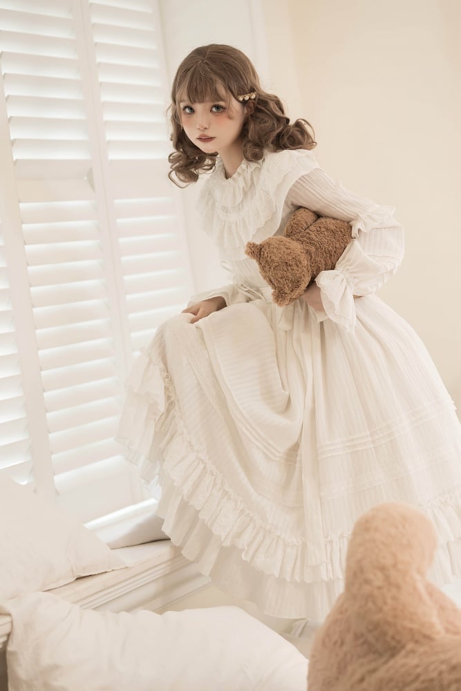 White Ruffle Neckline Lace-up Details Shiro One Piece