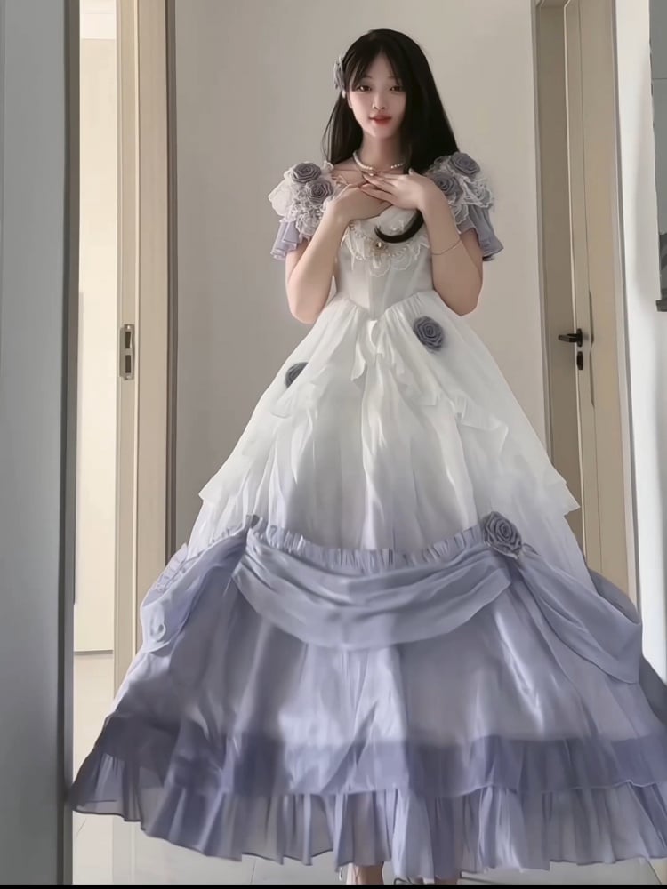 Purple Ombre Quinceanera Fairy Princess Dress Roses Decorated One Piece - Sukuroi