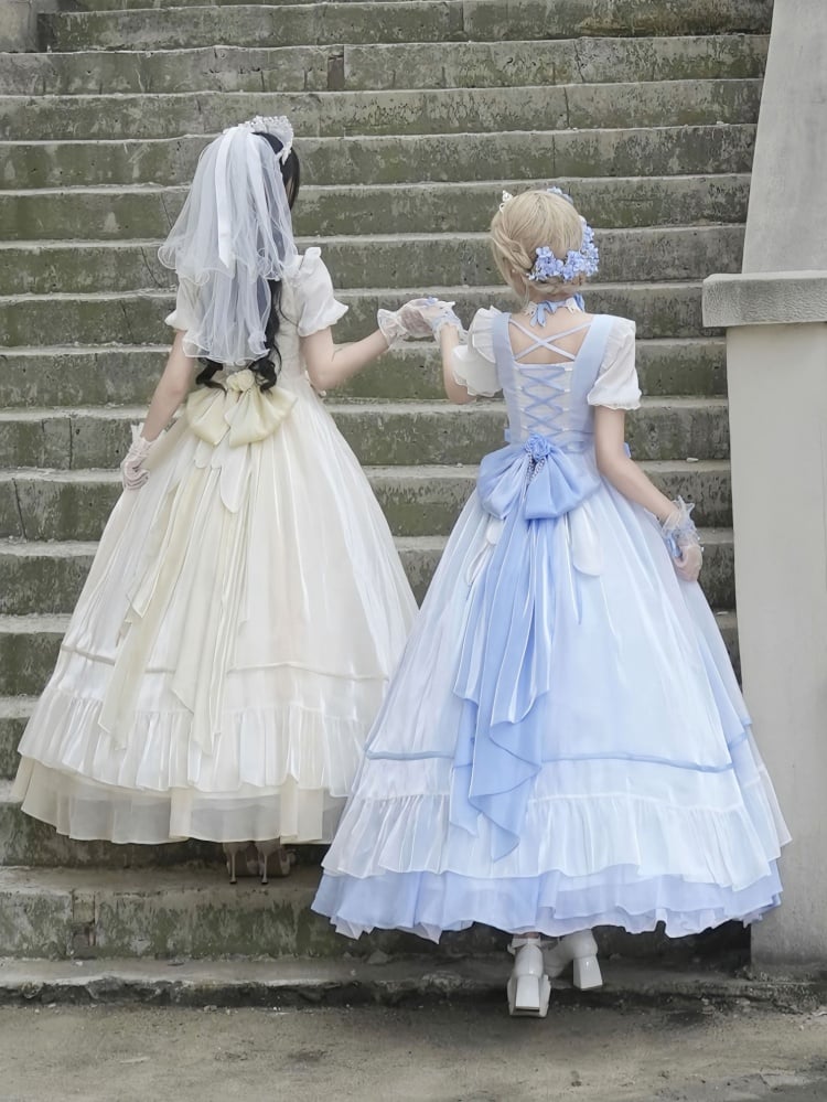 White and Blue Princess Dress Puff Sleeves Gorgeous One Piece