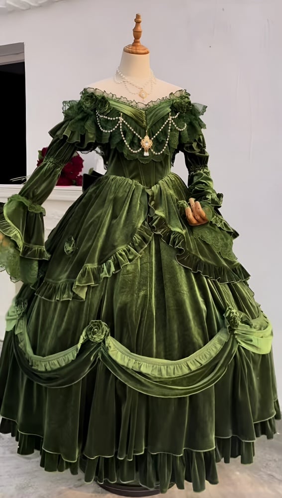 Vintage Green Classic Velvet Dress Roses and Bead Chain Princess One Piece - Sukuroi