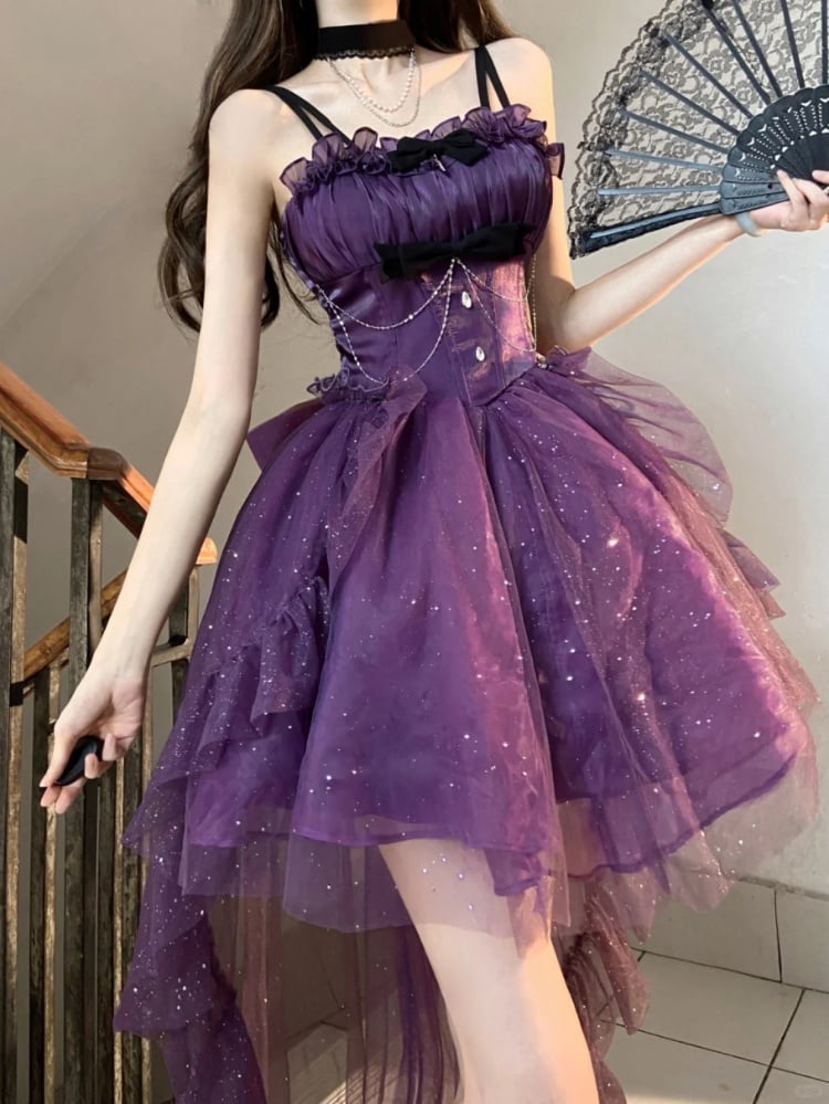 Purple Glittering Princess Dress Basque Waist Party Queen Dress Full Set