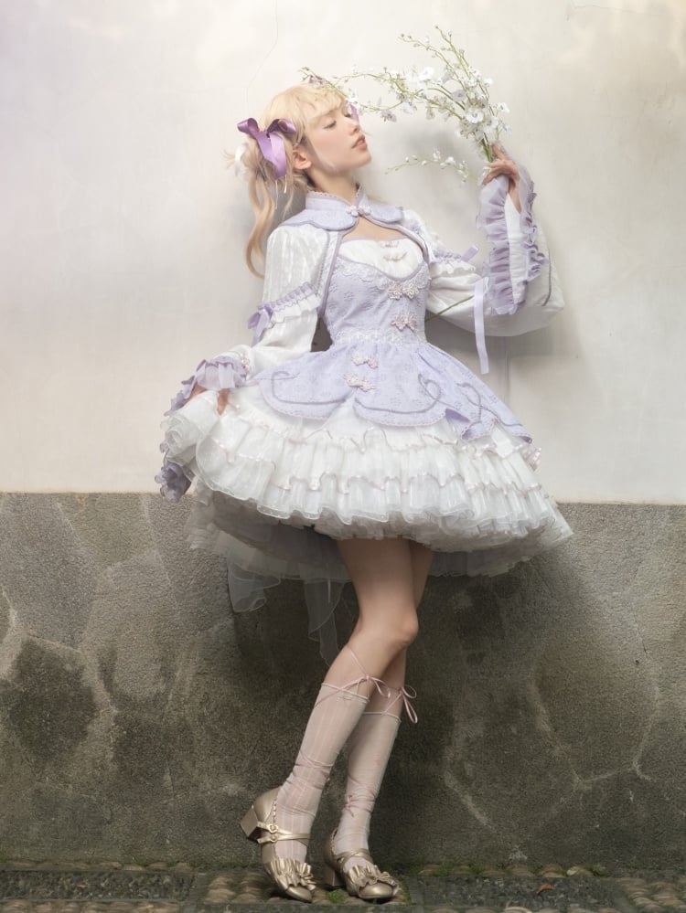 White and Purple Knot Button Jumper Skirt Full Set - Sukuroi