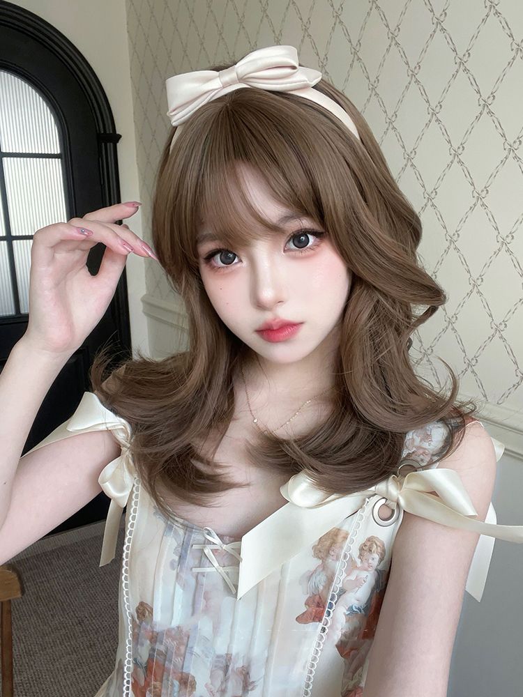 Honey Brown Medium Wavy Synthetic Wig Full Bangs