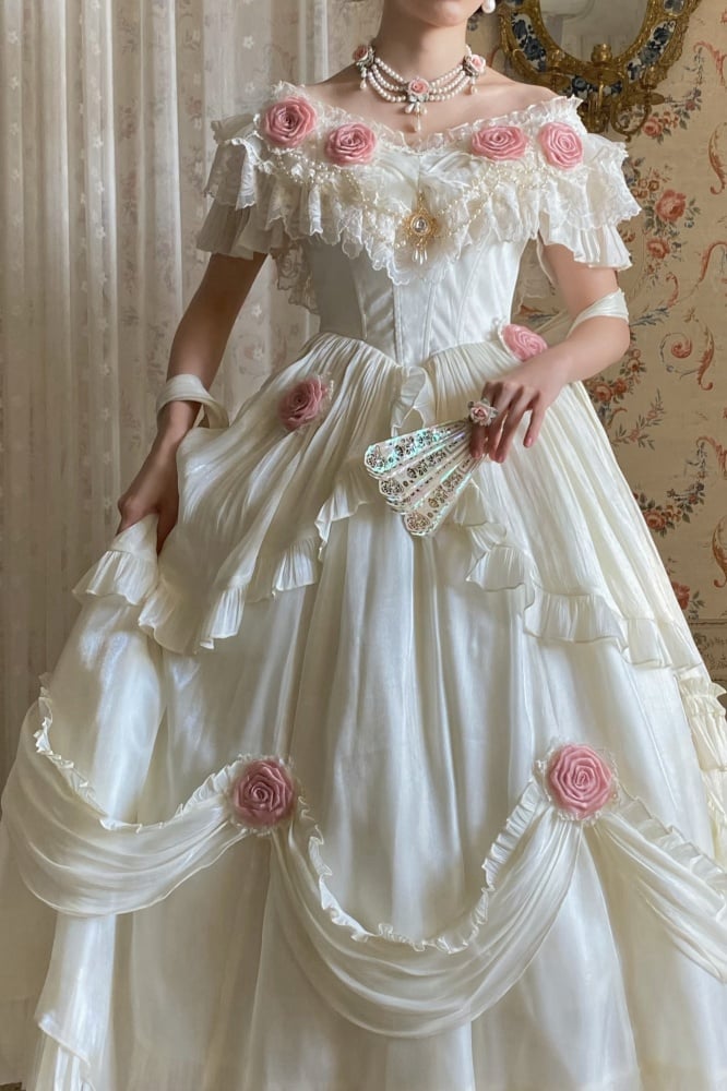 Ivory Princess Basque Waist Dress Roses and Bead Chain Lolita Wedding Dress - Sukuroi