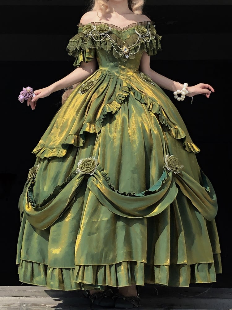 Oil Painting Green Classic Vintage Dress Roses and Bead Chain Princess One Piece - Sukuroi