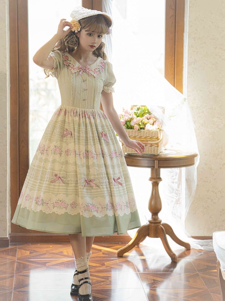 Rose Embroidery Collar Green and Pink Floral Dress One Piece