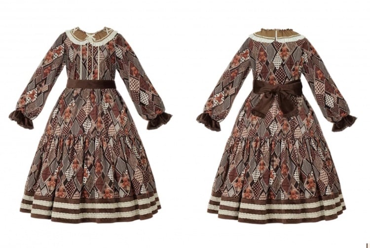 Teddy Diamond Pattern Print Brown Dress for Autumn and Winter