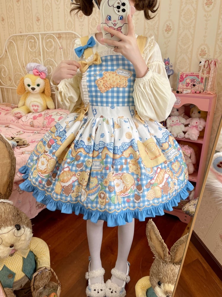 Yellow and Blue Gingham Pattern Sweet Dessert Print Overalls