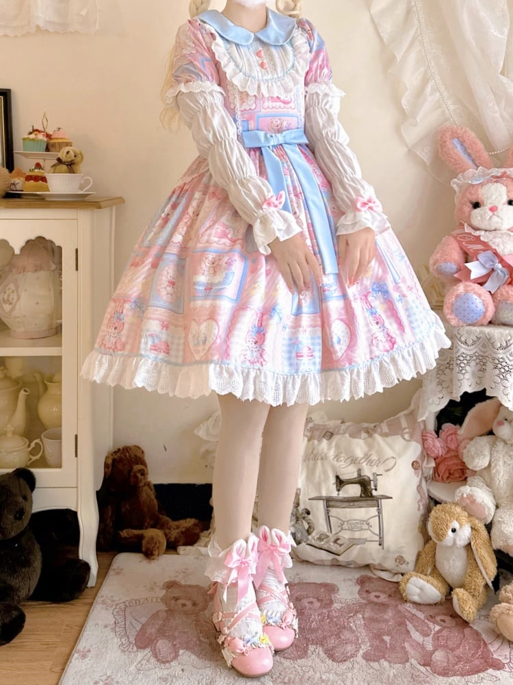 Pink Sweet Teddy and Bunny Print Peter Pan Collar One Piece