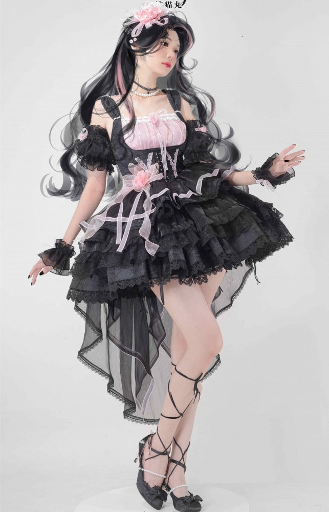 Memoirs of Rose Color Black and Pink Jumper Skirt Lace-up Detail Tiered Skirt and Flounce Hem