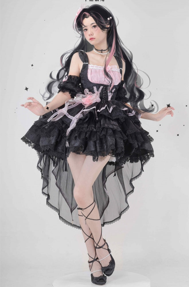 Memoirs of Rose Color Black and Pink Jumper Skirt Lace-up Detail Tiered Skirt and Flounce Hem