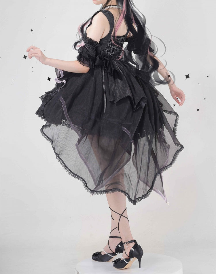 Memoirs of Rose Color Black and Pink Jumper Skirt Lace-up Detail Tiered Skirt and Flounce Hem