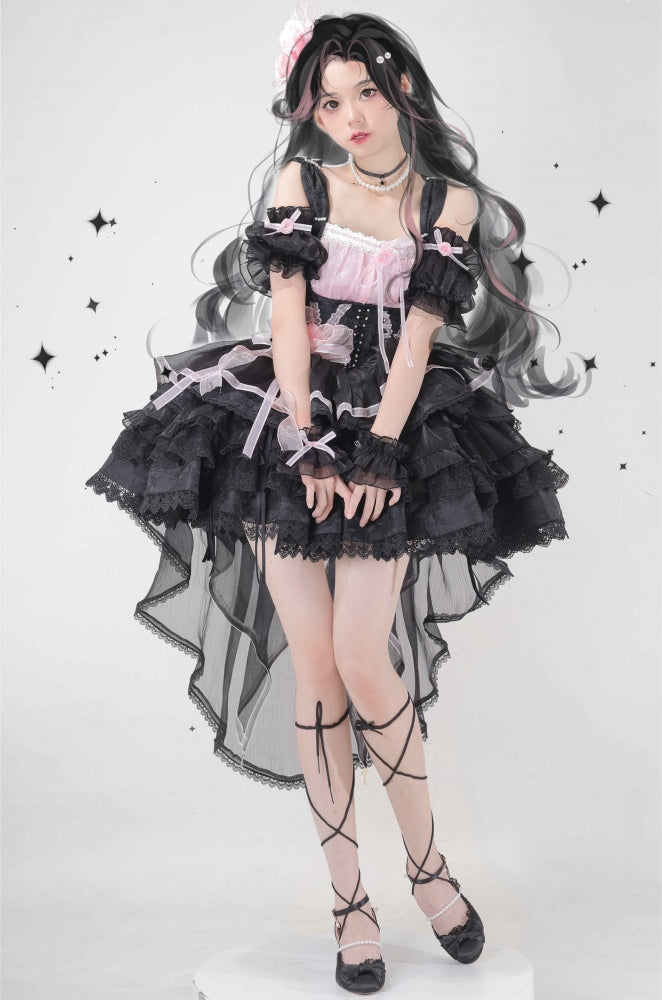 Memoirs of Rose Color Black and Pink Jumper Skirt Lace-up Detail Tiered Skirt and Flounce Hem