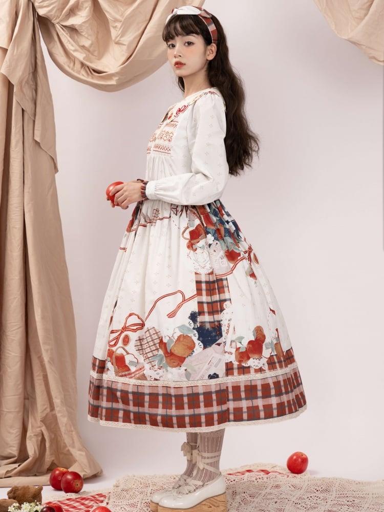 White Apple and Plaid Print Front Button Placket Autumn One Piece