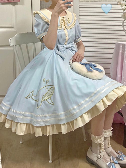 Plus Size Friendly Light Blue Sweet Dress Whale Embroidery Peter Pan Collar One Piece