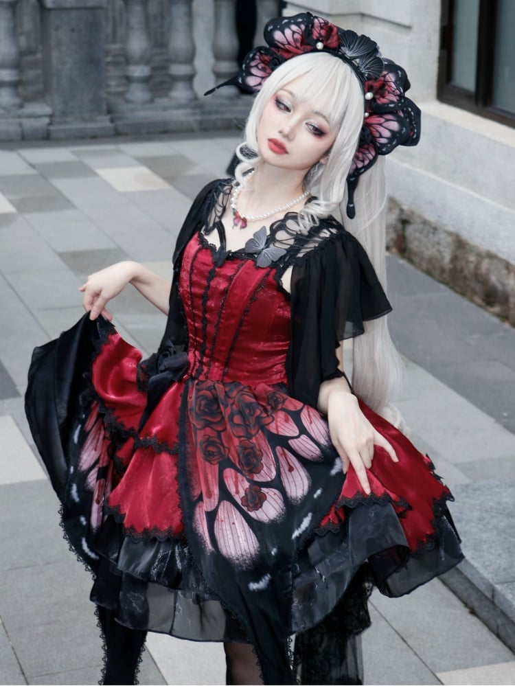 Wine Red Butterfly Jumper Skirt Gothic Princess Dress with Butterfly Train
