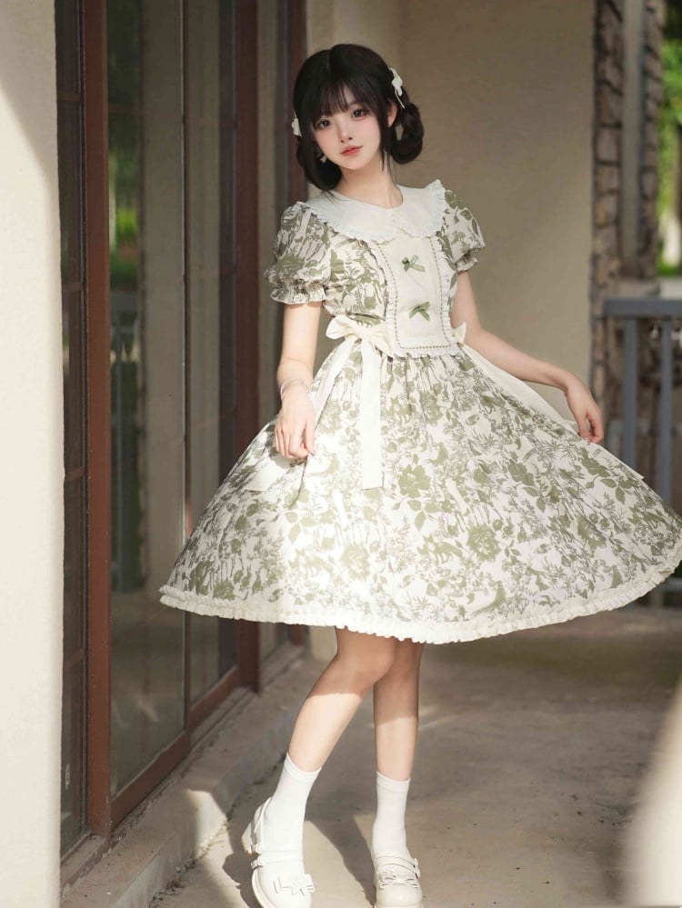 Summer Green Forest Print Beige Peter Pan Collar One Piece