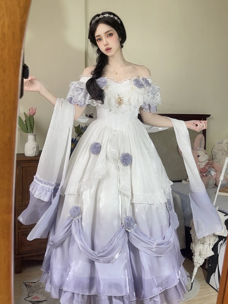 Purple Ombre Quinceanera Fairy Princess Dress Roses Decorated One Piece - Sukuroi