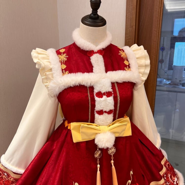 New Year Red Floral Embroidery One Piece Cheongsam Style Qi Lolita Winter Dress - Sukuroi