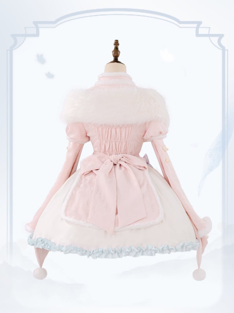Pink High Waist White Plush Trim Neckline and Cuffs Qi One Piece - Sukuroi