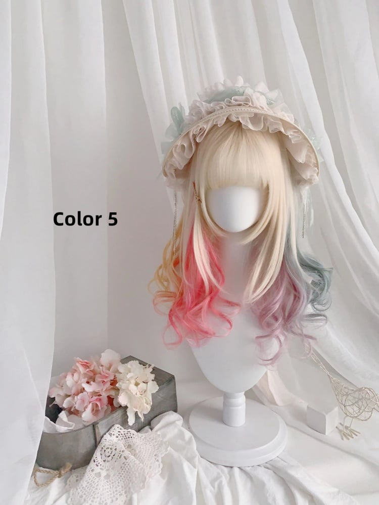 Highlight Hair Color Medium Length Wavy Synthetic Wig 5 Colors